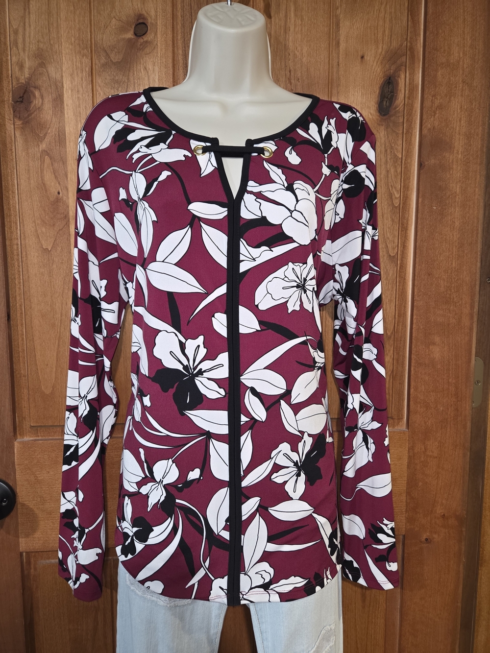 Liz Claiborne Burgundy Floral Long Sleeveβ Top with Black Trim